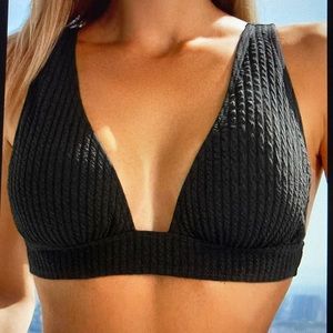 Sexy Black Bikini Top Deep V Neck Waffle Knit Back Buckle
